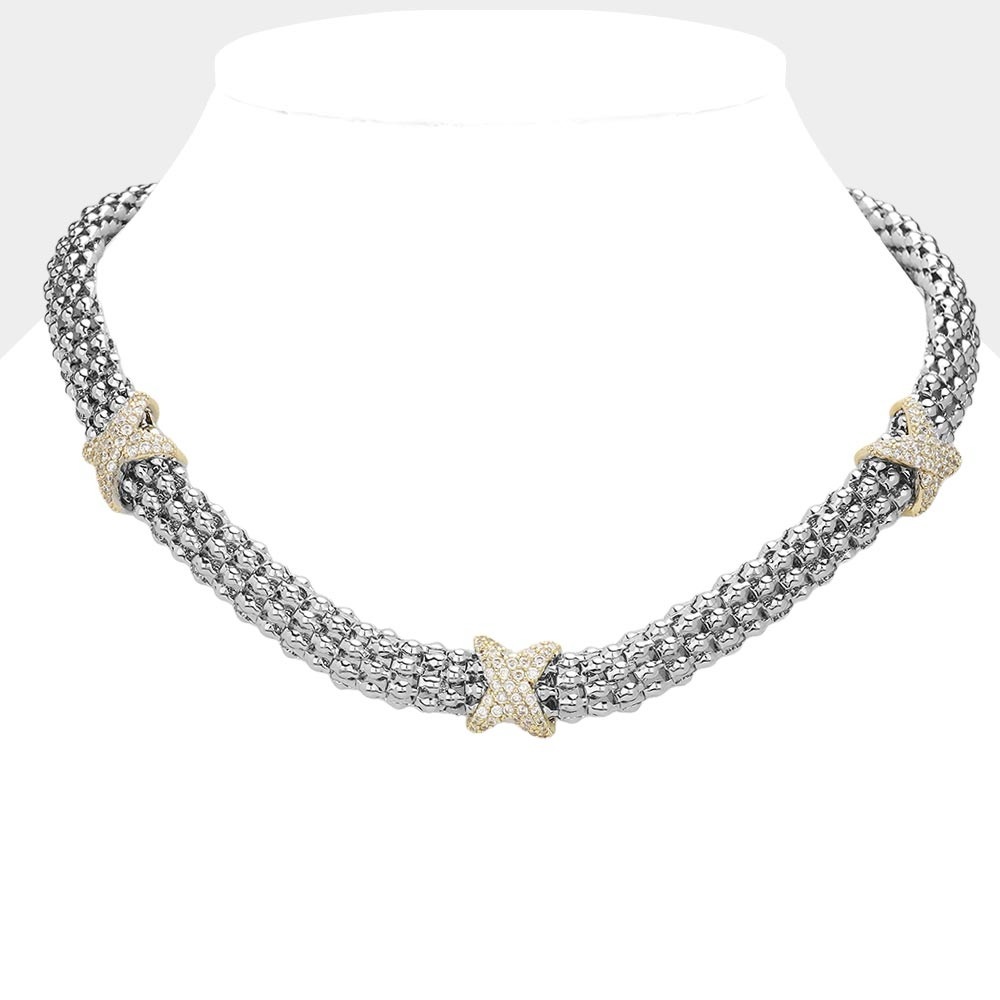 14K Gold Plated Two Tone Pave CZ Necklace Magnetic Closure